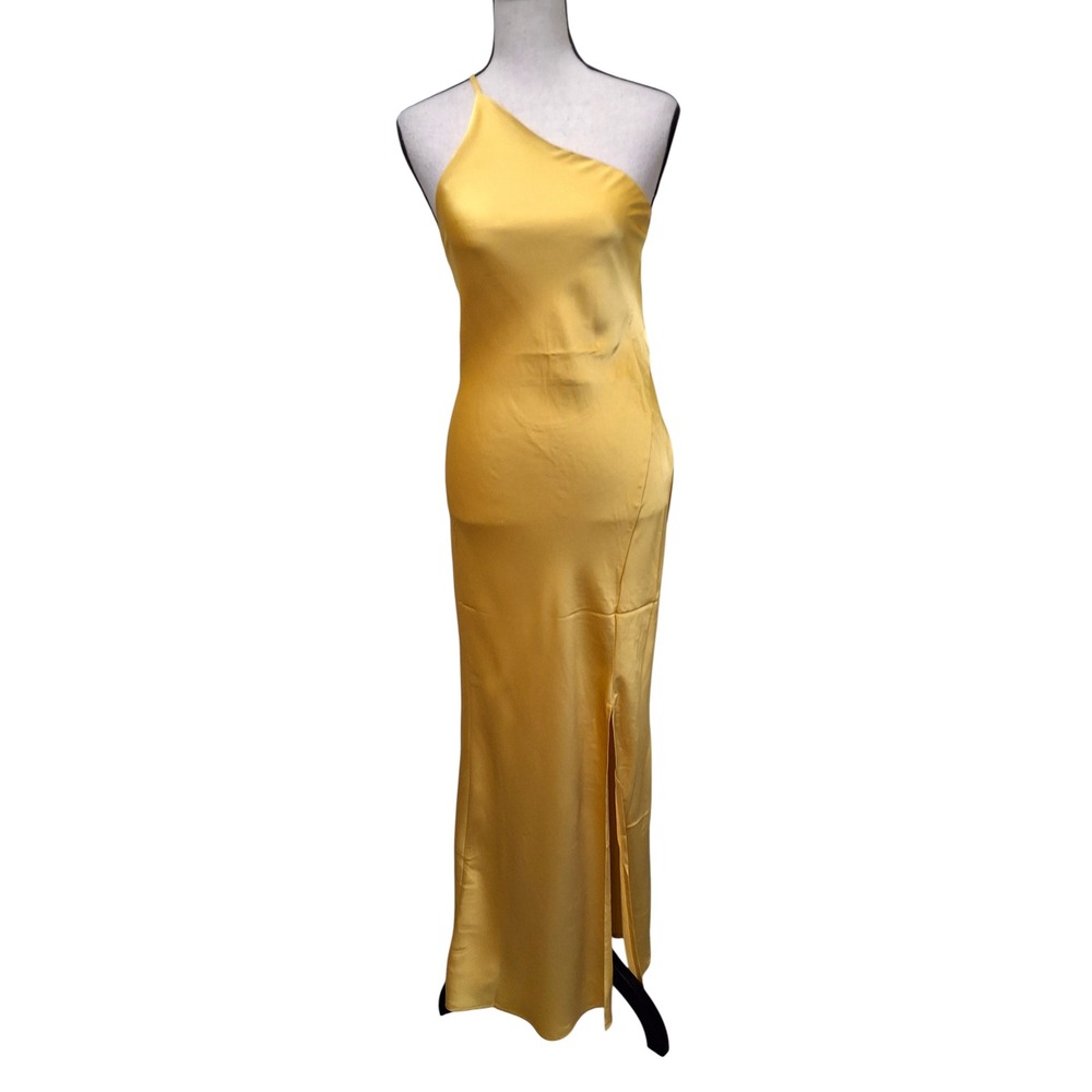 Commense One-Shoulder Yellow Satin Maxi Dress